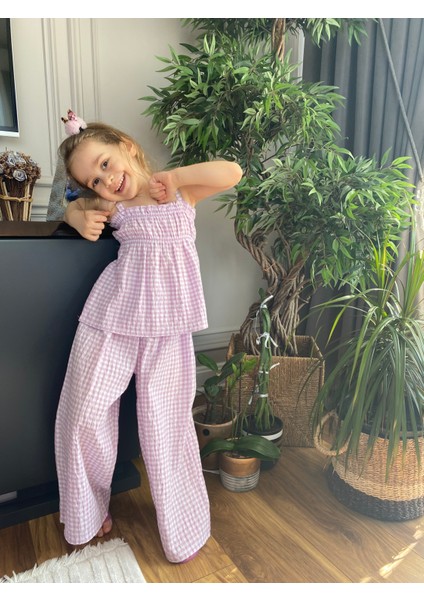 Babyaden Lila / Sarı Gofret Kumaş Pötikareli Kız Çocuk Takım 2-3-4-5 Yaş