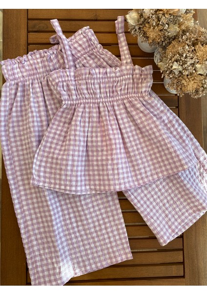 Babyaden Lila / Sarı Gofret Kumaş Pötikareli Kız Çocuk Takım 2-3-4-5 Yaş