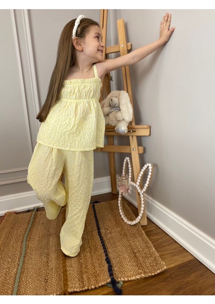Babyaden Lila / Sarı Gofret Kumaş Pötikareli Kız Çocuk Takım 2-3-4-5 Yaş