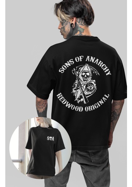 Unisex Sons Of Anarchy Sırt Baskılı Tişört, Oversize Soa Dizi Temalı T-Shirt