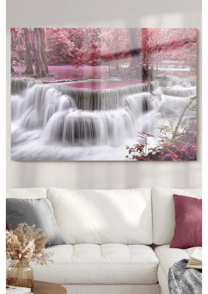 Pencere Şelale ve Pembe Ağaçlar | Doğa Temalı Cam Tablo | 50X70 cm 5070OLCTM109
