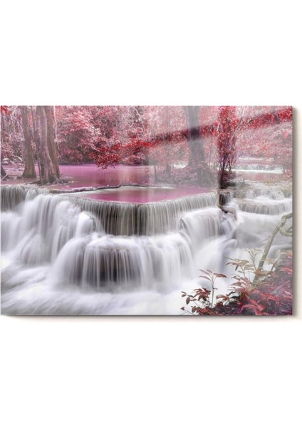 Pencere Şelale ve Pembe Ağaçlar | Doğa Temalı Cam Tablo | 50X70 cm 5070OLCTM109