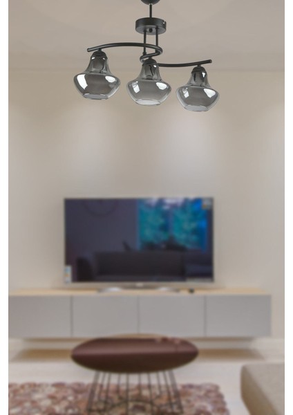 Şık Siyah Camlı 3'lü Avize, Modern Tasarım, 44x70 cm