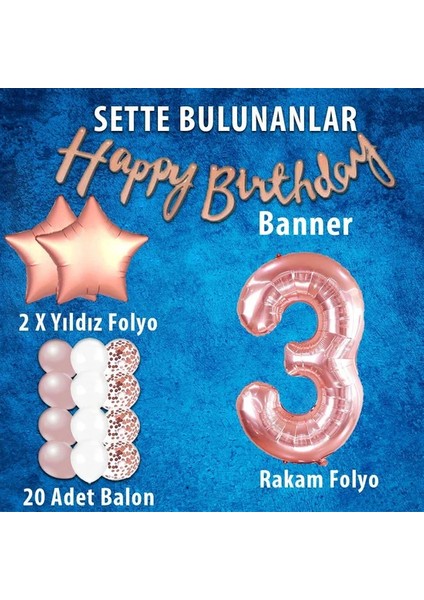 Rose Gold Konsept Yaş Doğum Günü Kutlama Seti; Beyaz Gold Konfetili Balon, Rakam Yıldız Folyo ve Banner fiyatları