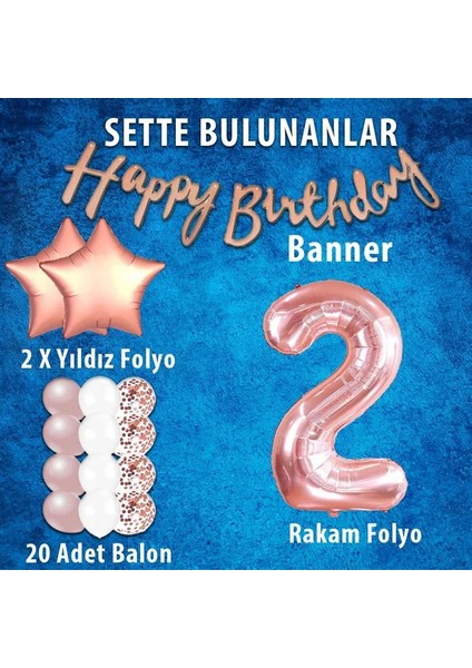Rose Gold Konsept Yaş Doğum Günü Kutlama Seti; Beyaz Gold Konfetili Balon, Rakam Yıldız Folyo ve Banner
