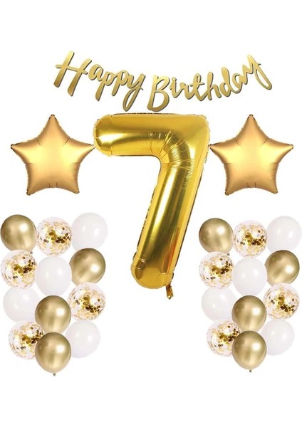 Gold Konsept 7 Yaş Doğum Günü Kutlama Seti + balon bandı