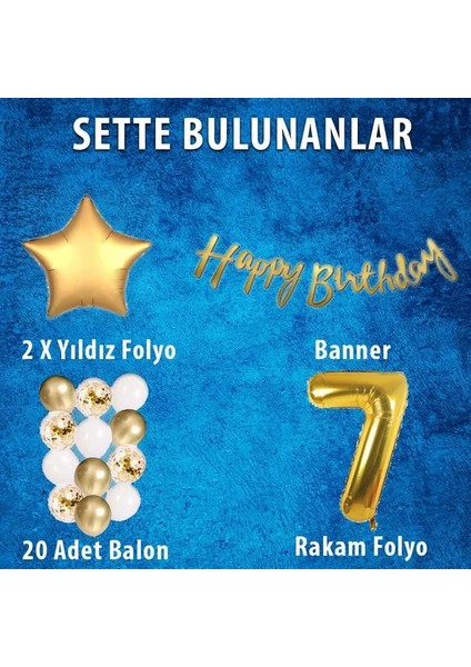 Gold Konsept 7 Yaş Doğum Günü Kutlama Seti + balon bandı