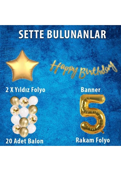 Balon Diyarı Gold Konsept 5 Yaş Doğum Günü Kutlama Seti + balon bandı