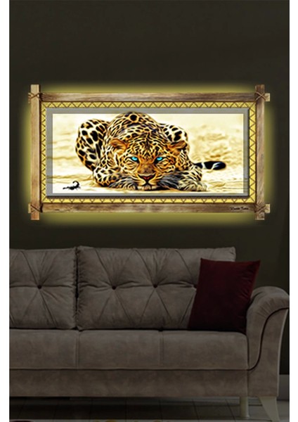 Leopar LED Işıklı Rustik Kanvas Tablo K