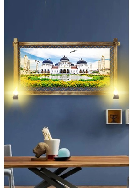 Rustik Işıklı Beyaz Camii Kanvas Rustik Tablo O