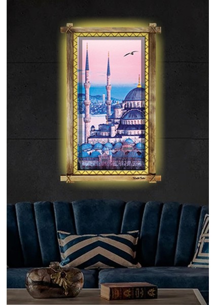 Istanbul Camii LED Işıklı Rustik Kanvas Tablo B