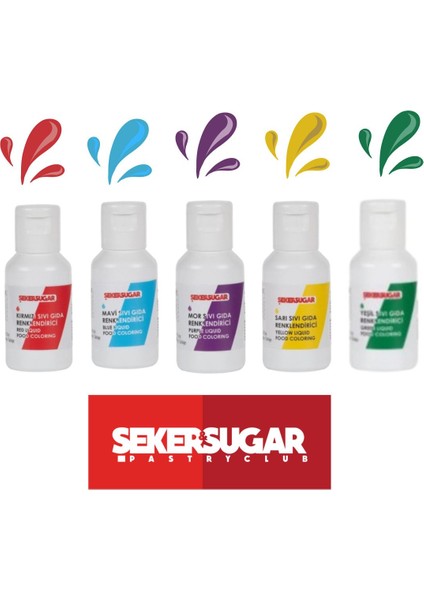 Şeker & Sugar 5’li Sıvı Su Bazlı Likit Gıda Boyası 5 x 20 gr Sarı Kırmızı Mavi Mor Yeşil