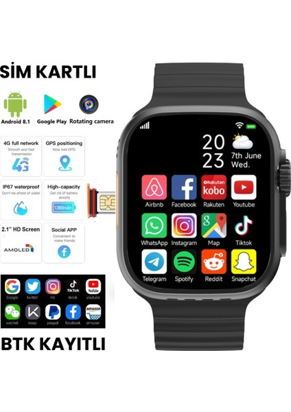 Watch Ultra Kameralı 4g Sim Kartlı 16GB Akıllı Saat Çocuk Wi-Fi Googleplay iphone Huawei Uyumlu 8-9