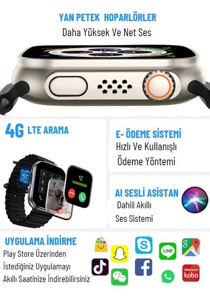 Watch Ultra Kameralı 4g Sim Kartlı 16GB Akıllı Saat Çocuk Wi-Fi Googleplay iphone Huawei Uyumlu 8-9