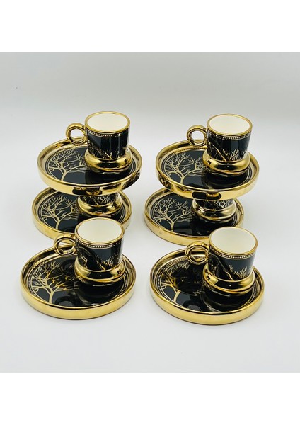 Ağaç Modeli Siyah-Gold Porselen Kahve Fincan Takımı