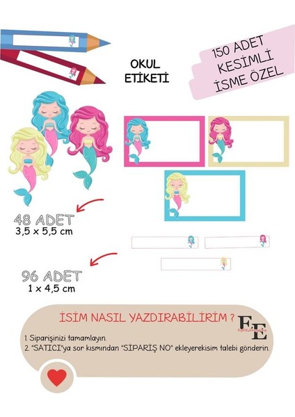 Deniz Kızı Kitap Defter Okul Etiketi 150 Adet Kesimli(Ad-Soyad Istekli)