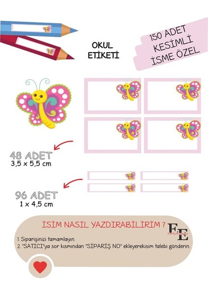 Sevimli Kelebek Kitap Defter Okul Etiketi 150 Adet Kesimli(Ad-Soyad Istekli)