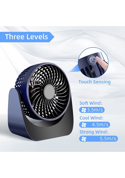 Mini Fan, Sessiz USB Küçük 360° 3 Hızlı Masa Fanı, Araba Fanları, Yatak Odası, Karavan Mavi (Yurt Dışından)