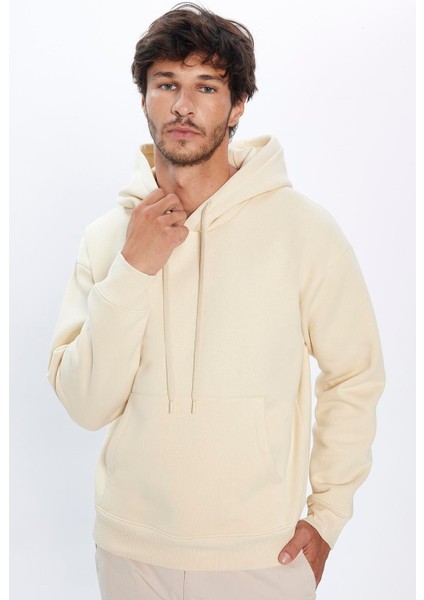 Unisex Oversize Geniş Kesim Pamuklu Yumuşak Dokulu Içi Polarlı Basic Bej Kapüşonlu Sweatshirt fiyatları