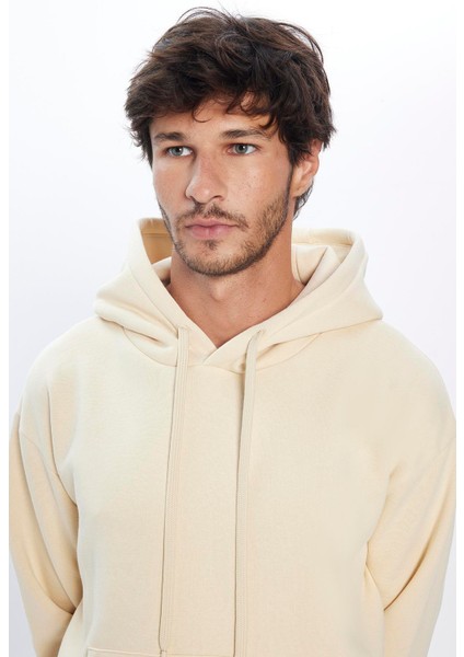 Unisex Oversize Geniş Kesim Pamuklu Yumuşak Dokulu Içi Polarlı Basic Bej Kapüşonlu Sweatshirt modelleri