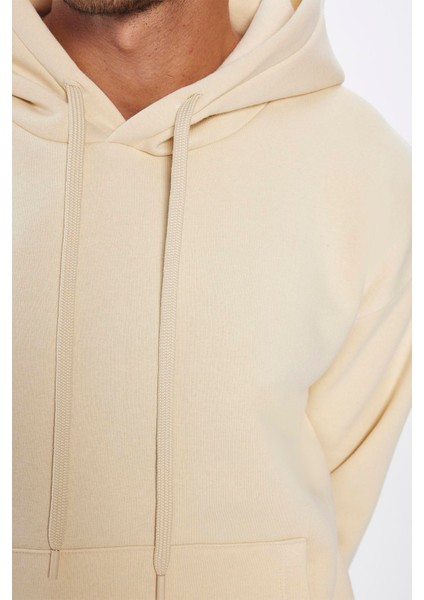 Unisex Oversize Geniş Kesim Pamuklu Yumuşak Dokulu Içi Polarlı Basic Bej Kapüşonlu Sweatshirt fırsatları