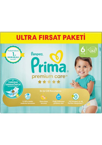 Bebek Bezi Premium Care 6 Numara 62 Adet Ultra Fırsat Paketi