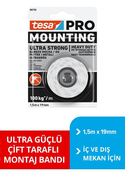 Çift Taraflı Montaj Bandı - tesa PRO 66792 Ultra Güçlü İç Mekan Montaj Bandı, 1.5m x 19mm 