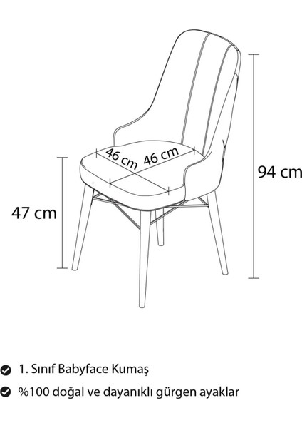 Mitra Serisi, 4 Adet Mutfak Sandalyesi, Gürgen Ayak, 1. Sınıf Babyface Kumaş