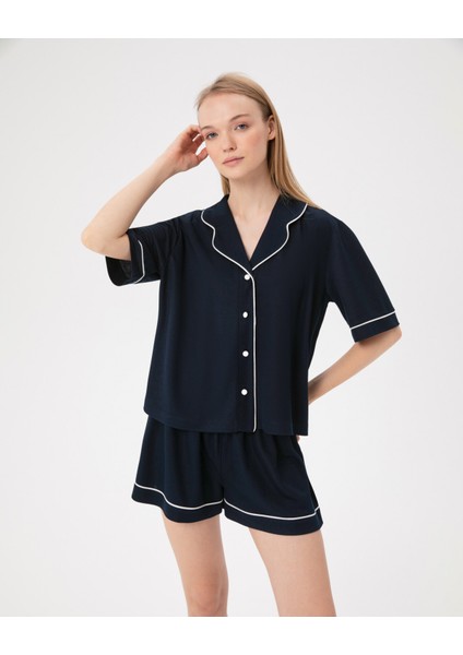 Lacivert Kadın Düğmeli Kısa Kollu Pijama Gömlek