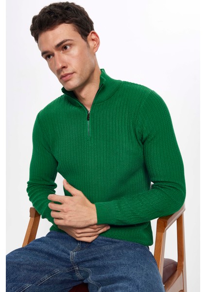 Erkek Slim Fit Dar Kesim Dik Yaka Fermuarlı Yeşil Kazak
