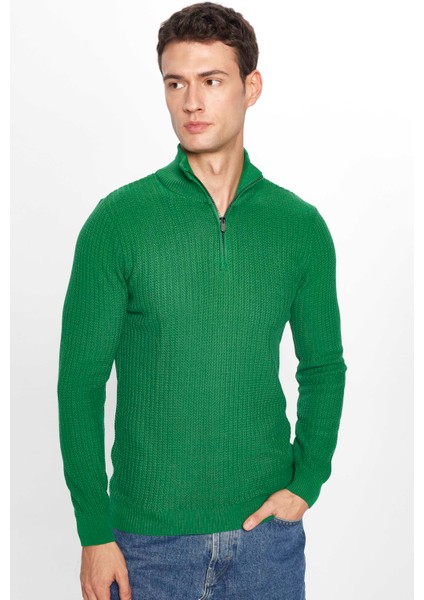 Erkek Slim Fit Dar Kesim Dik Yaka Fermuarlı Yeşil Kazak fiyatları