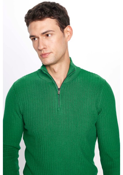 Erkek Slim Fit Dar Kesim Dik Yaka Fermuarlı Yeşil Kazak modelleri