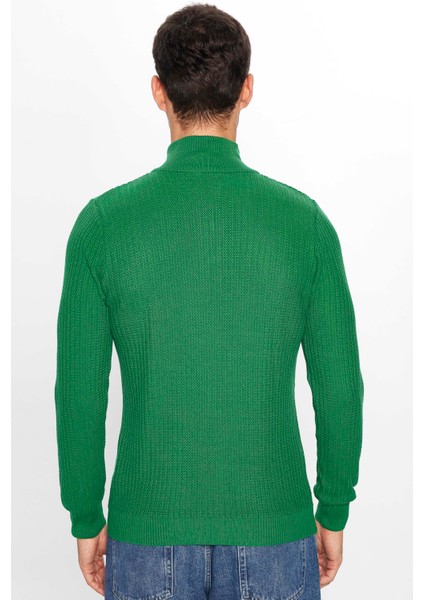 Erkek Slim Fit Dar Kesim Dik Yaka Fermuarlı Yeşil Kazak indirimleri