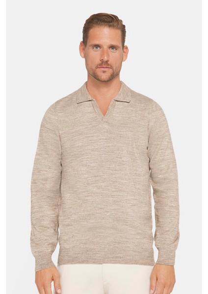 Erkek Slim Fit Dar Kesim Polo V Yaka Bej Triko Kazak fiyatları