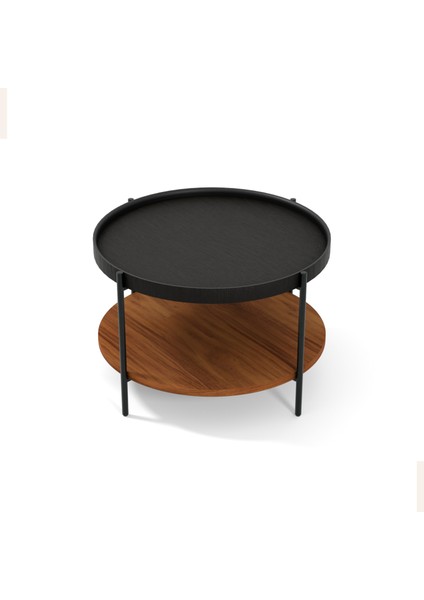 Harmonia Yuvarlak Orta Sehpa - 60 cm - Siyah Meşe Tabla / Ceviz Raf / Siyah Metal Ayak