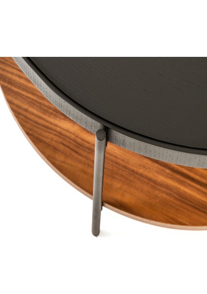 Harmonia Yuvarlak Orta Sehpa - 60 cm - Siyah Meşe Tabla / Ceviz Raf / Siyah Metal Ayak
