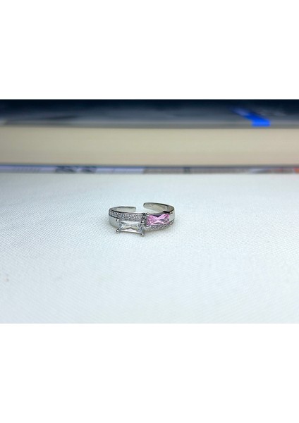 Ata Bijuteri Pembe Beyaz Dikdörtgen Taşlı Yüzük Silver Design