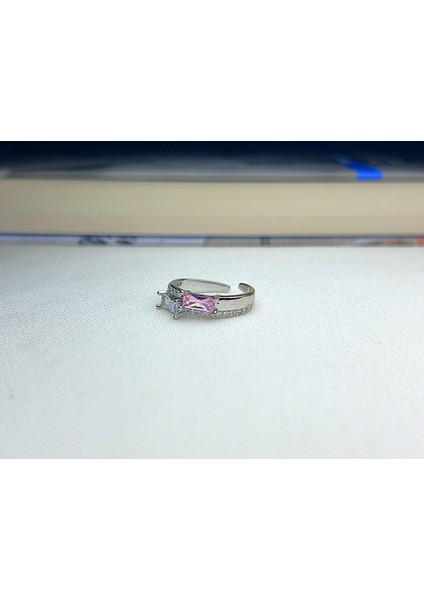 Ata Bijuteri Pembe Beyaz Dikdörtgen Taşlı Yüzük Silver Design