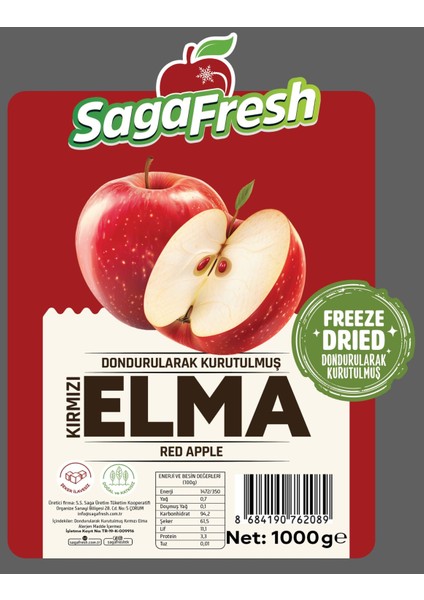 Sagafresh Dondurularak Kurutulmuş Kırmızı Elma Dilimleri 1000G