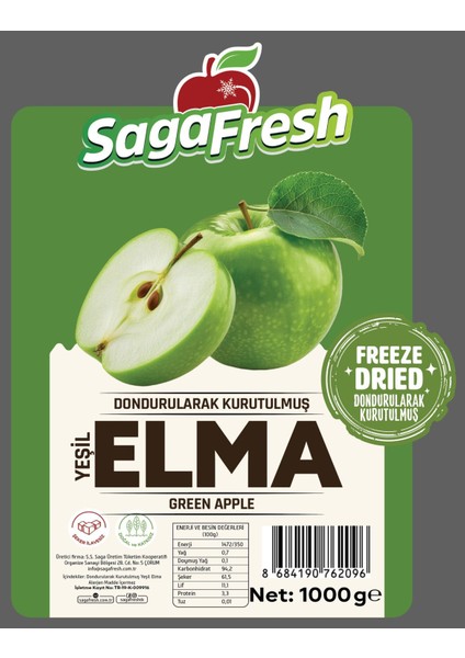 Sagafresh Dondurularak Kurutulmuş Yeşil Elma Dilimleri 1000G