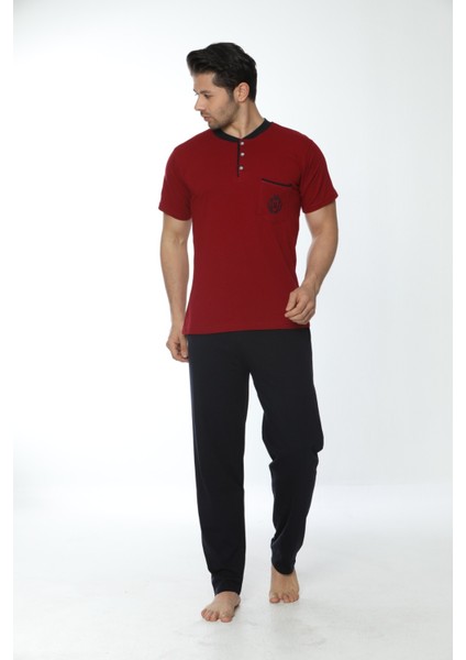 Erkek Ön Cepli Düğmeli Yaka 100% Pamuk Kısa Kollu Pijama Takımı