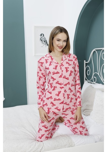 Kadın Barbie Desenli Düğmeli Kısa Kollu Pijama Takımı
