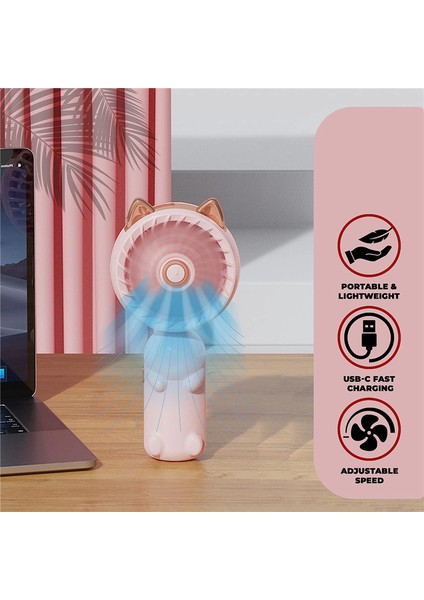 Kedi Kulaklı Taşınabilir El Tipi Fan - Mini USB Şarj Edilebilir Pil Katlanabilir Küçük (Pembe) (Yurt Dışından)