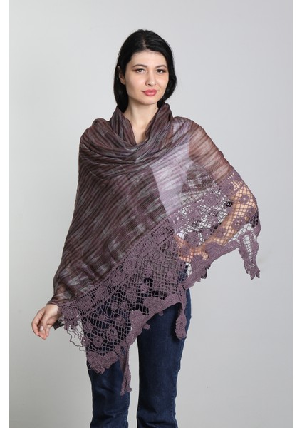 Lila Renk El Işi Ipek - Pamuklu Dantel Şal