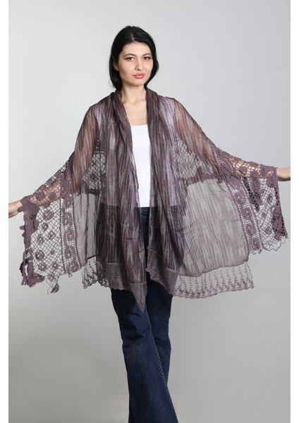 Lila Renk El Işi Ipek - Pamuklu Dantel Şal modelleri