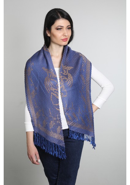 Mavi ve Cappuccino Rengi Desenli Pamuk Viskon Şal