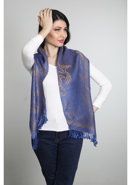 Mavi ve Cappuccino Rengi Desenli Pamuk Viskon Şal fiyatları