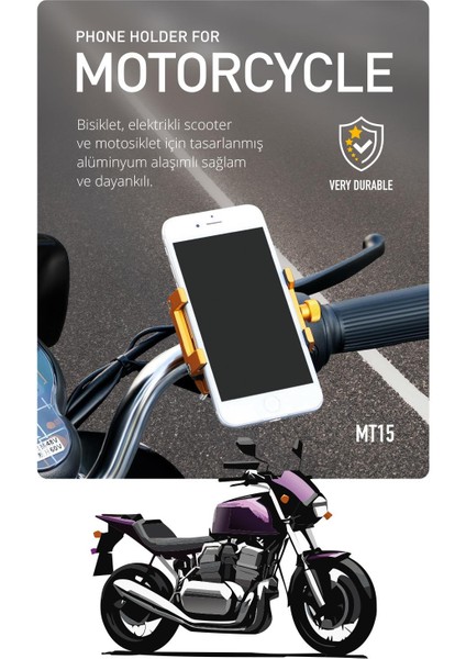 MT15 Bisiklet Scooter ve Motosiklet Için Dayanıklı Gidon Uyumlu Alüminyum Telefon Tutucu