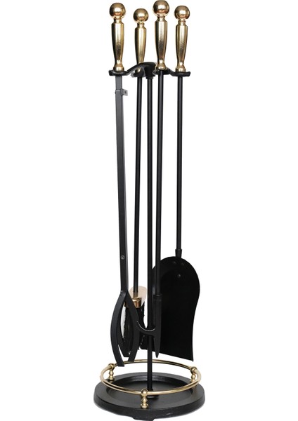 5 Li Premium Ithal Döküm Gold Başlıklı Yuvarlak Şömine - Soba Maşa Takımı Aksesuar Seti