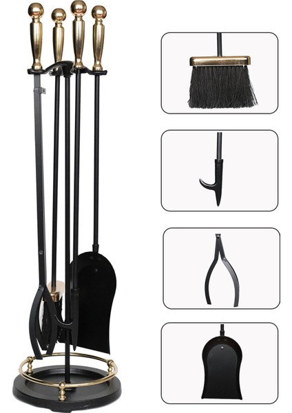 5 Li Premium Ithal Döküm Gold Başlıklı Yuvarlak Şömine - Soba Maşa Takımı Aksesuar Seti modelleri